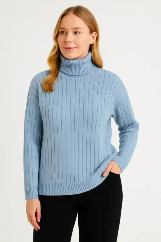 Fisherman Ribbed Knit Sweater Cotton Thick Ribbed Knit - Baby Blue - 1