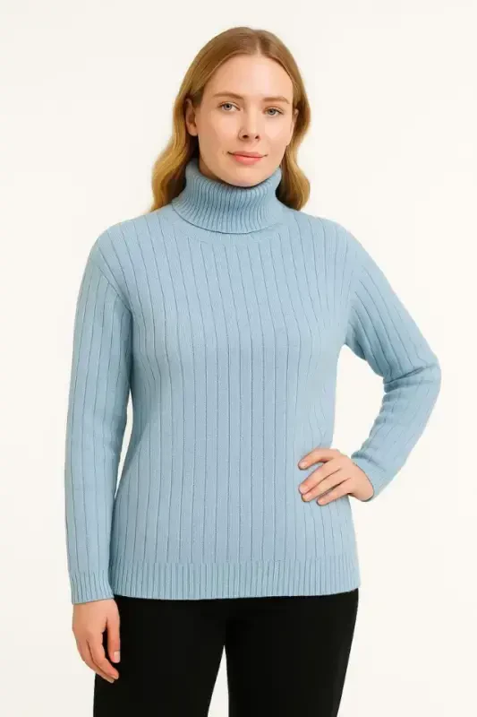 Fisherman Ribbed Knit Sweater Cotton Thick Ribbed Knit - Baby Blue - 2