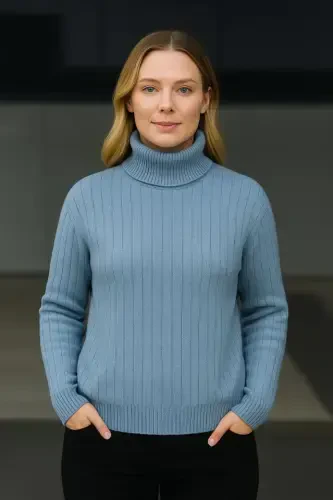 Fisherman Ribbed Knit Sweater Cotton Thick Ribbed Knit - Baby Blue - 3