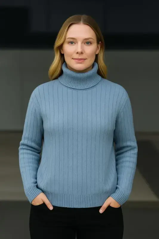 Fisherman Ribbed Knit Sweater Cotton Thick Ribbed Knit - Baby Blue - 3