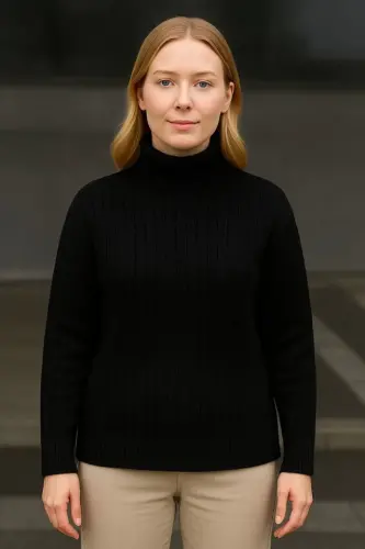 Fisherman Ribbed Knit Sweater Cotton Thick Ribbed Weave - Black - 1