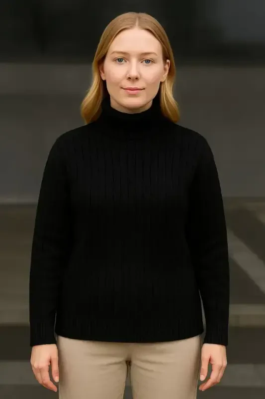 Fisherman Ribbed Knit Sweater Cotton Thick Ribbed Weave - Black - 1