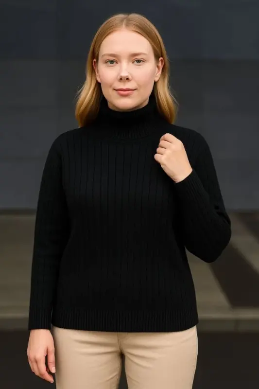 Fisherman Ribbed Knit Sweater Cotton Thick Ribbed Weave - Black - 2