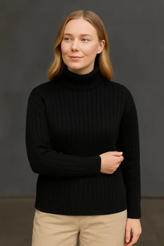 Fisherman Ribbed Knit Sweater Cotton Thick Ribbed Weave - Black - 3