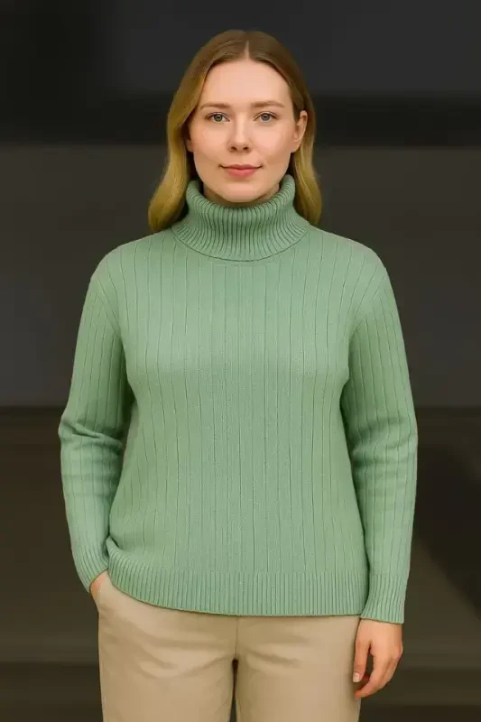 Fisherman Ribbed Knit Sweater Cotton Thick Ribbed Weave - Mint Green - 3