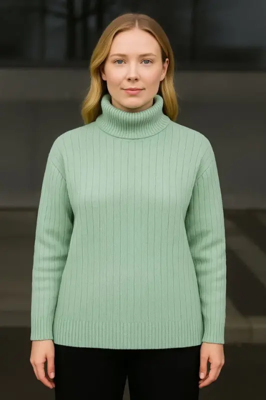 Fisherman Ribbed Knit Sweater Cotton Thick Ribbed Weave - Mint Green - BÜYÜKBEDENIZ
