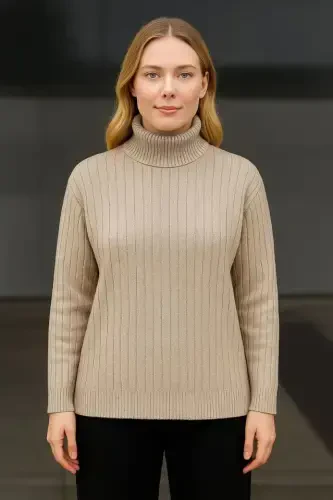 Fisherman Ribbed Knitwear Sweater Cotton Thick Ribbed Weave - Beige - BÜYÜKBEDENIZ (1)