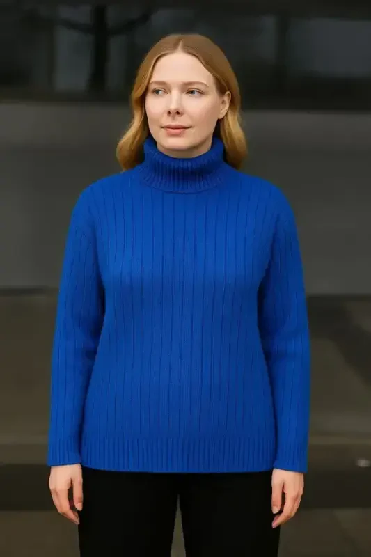 Fisherman Ribbed Knitwear Sweater Cotton Thick Ribbed Weave - Sapphire Blue - 3