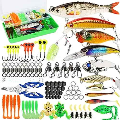 Fishing Lures Tackle Box Bass Fishing Kit Including Animated Lure, Crankbaits, Spinnerbaits, Soft Plastic Worms, Topwater Lures, Hooks, Saltwater & Freshwater Fishing Gear for Bass, Trout, Salmon 