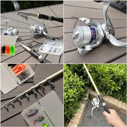Fishing Pole Set Fishing Rod and Reel Combo,2PCS 1.9M/2.1M Collapsible Fishing Rod Set with 2 PCS Spinning Reels 2 Set of Lures Baits and a Carrier Bag,Prefect for Fishing Travel - 2