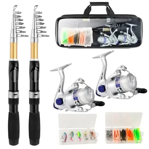 Fishing Pole Set Fishing Rod and Reel Combo,2PCS 1.9M/2.1M Collapsible Fishing Rod Set with 2 PCS Spinning Reels 2 Set of Lures Baits and a Carrier Bag,Prefect for Fishing Travel - 1