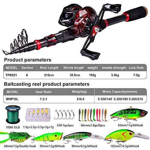 Fishing Rod and Reel Combo, 6.9ft Carbon Fiber Telescopic Fishing Pole with Spinning/Baitcasting Reel Combos, Sea Saltwater Freshwater Ice Bass Fishing Tackle Set Fishing Rods Kit - 4