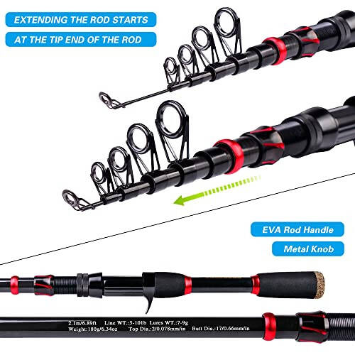 Fishing Rod and Reel Combo, 6.9ft Carbon Fiber Telescopic Fishing Pole with Spinning/Baitcasting Reel Combos, Sea Saltwater Freshwater Ice Bass Fishing Tackle Set Fishing Rods Kit - 6