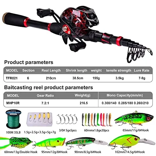 Fishing Rod and Reel Combo, 6.9ft Carbon Fiber Telescopic Fishing Pole with Spinning/Baitcasting Reel Combos, Sea Saltwater Freshwater Ice Bass Fishing Tackle Set Fishing Rods Kit - 4