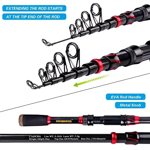 Fishing Rod and Reel Combo, 6.9ft uglerod tolali teleskopik baliq ovlash qarmoqchasi Spinning/Baitcasting g'altak kombinatlari bilan, dengiz sho'r suv chuchuk suv muzli bass baliq ovlash anjomlari to'plami baliq ovlash qarmoqlari to'plami - 6