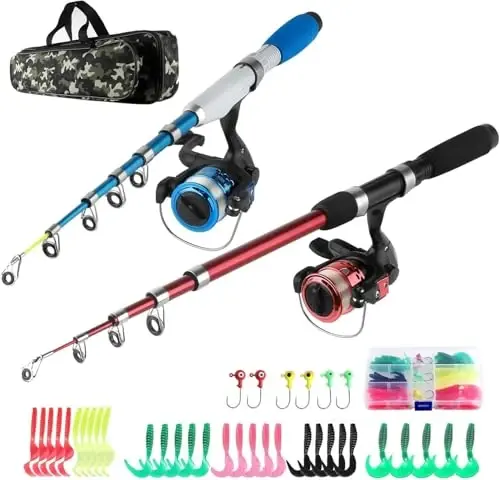 Fishing Rod and Reel Combos Collapsible Fishing Rod Kit, 2PCS Telescopic Fishing Pole Full Kit, 1.3M&1.6M/2PCS 1.7M/2.1M Fishing Rods+2PCS Spinning Reels+Lures Hooks+Fishing Bag+other Fishing Accessories Fishing Full Kit for Kids or Youth - 2