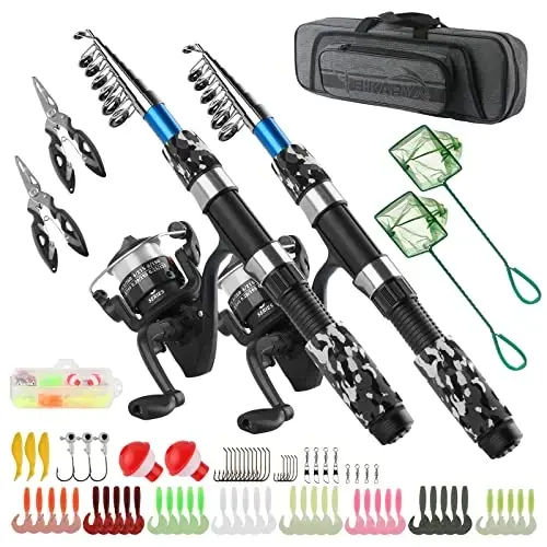 Fishing Rod Reel Combos Collapsible Fishing Rod Kit, 2PCS Telescopic Fishing Pole+2PCS Spinning Reels+Lures Hooks+Tackle Bag+Fishing Accessories Full Combo for Kids Youth - HIKARY
