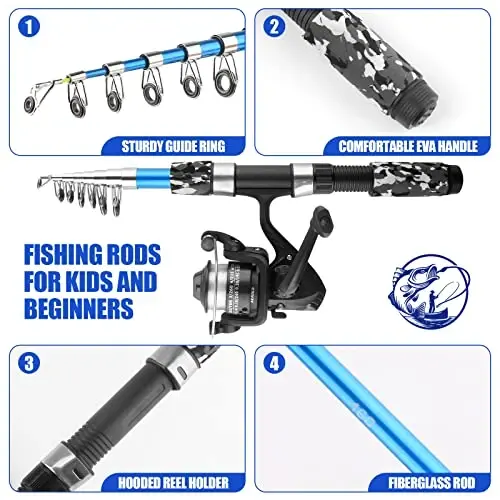 Fishing Rod Reel Kombinatsiyalari Yiqiladigan Baliq Ovi Rod to'plami, 2 dona Teleskopik Baliq Ovi Ustuni+2 dona Yigiruv G'altaklari+Yemlar Ilmoqlar+Anjomlar Sumkasi+Baliq Ovi Aksessuarlari Bolalar Yoshlar uchun to'liq Kombinatsiya - 3