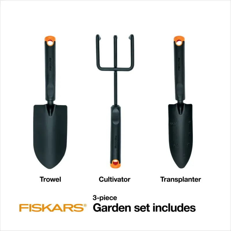 Fiskars 3 Piece Garden Tool Set with Trowel, Transplanter and Hand Cultivator in Black - FISKARS