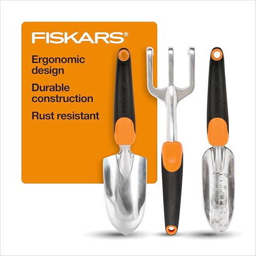 Fiskars 3 ta 1 da bog'dor bog'dorchilik vositalari to'plami, ichiga kuret, ko'chat ekish vositasi va kultivator kiradi, ochiq havoda bog'dorchilik uchun ergonomik bog'dorchilik vositalari to'plami - 1