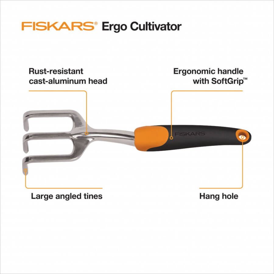 Fiskars Ergo Cultivator Garden Tool with Aluminum Head and Ergonomic Handle, 0.56 Pounds, Orange - 2