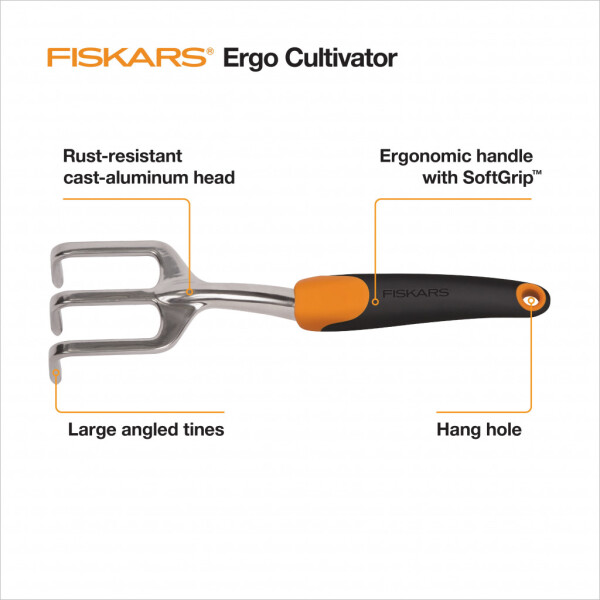 Fiskars Ergo kultivatori, alyuminiy boshi va ergonomik tutqichli bog 'quroli, 0,56 funt, to'q sariq rangli. - 2