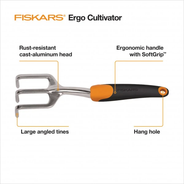 Fiskars Ergo kultivatori, alyuminiy boshi va ergonomik tutqichli bog 'quroli, 0,56 funt, to'q sariq rangli. - 2