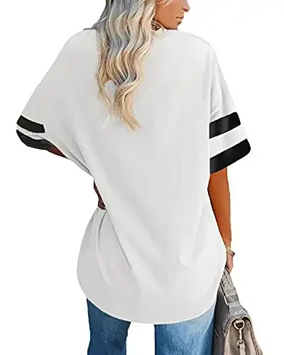 Fisoew Womens Oversized Tees Loose T Shirts Half Sleeve Crew Neck Color Block Cotton Tunic Tops - FISOEW (1)