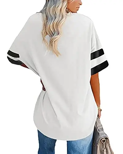 Fisoew Womens Oversized Tees Loose T Shirts Half Sleeve Crew Neck Color Block Cotton Tunic Tops - 2