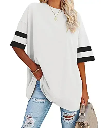 Fisoew Womens Oversized Tees Loose T Shirts Half Sleeve Crew Neck Color Block Cotton Tunic Tops 