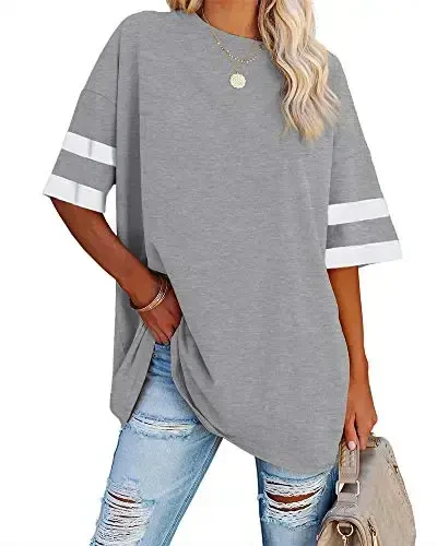 Fisoew Womens Oversized Tees Loose T Shirts Half Sleeve Crew Neck Color Block Cotton Tunic Tops - FISOEW