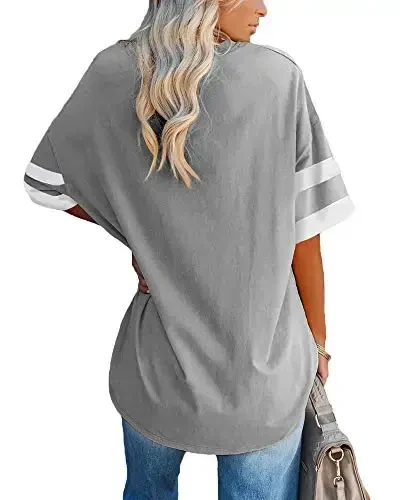 Fisoew Womens Oversized Tees Loose T Shirts Half Sleeve Crew Neck Color Block Cotton Tunic Tops - 2