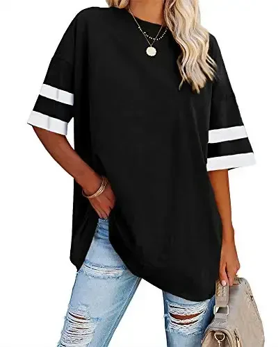 Fisoew Womens Oversized Tees Loose T Shirts Half Sleeve Crew Neck Color Block Cotton Tunic Tops - 1