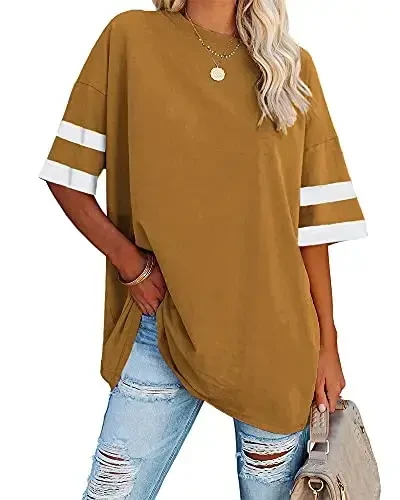 Fisoew Womens Oversized Tees Loose T Shirts Half Sleeve Crew Neck Color Block Cotton Tunic Tops - 1
