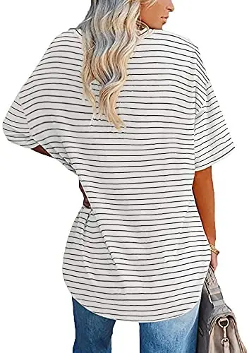 Fisoew Womens Oversized Tees Loose T Shirts Half Sleeve Crew Neck Color Block Cotton Tunic Tops - 2