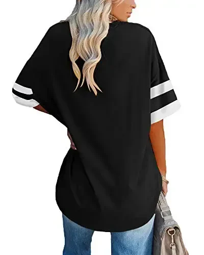 Fisoew Womens Oversized Tees Loose T Shirts Half Sleeve Crew Neck Color Block Cotton Tunic Tops - FISOEW (1)