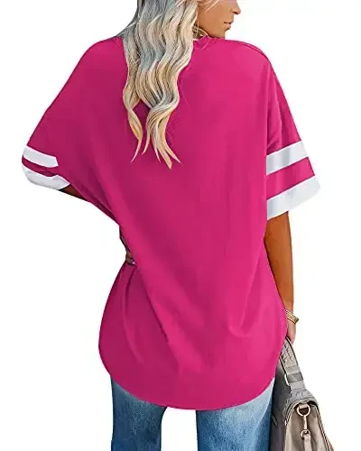 Fisoew Womens Oversized Tees Loose T Shirts Half Sleeve Crew Neck Color Block Cotton Tunic Tops - FISOEW (1)