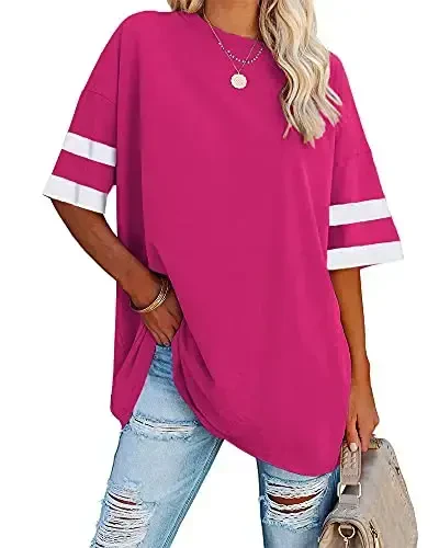 Fisoew Womens Oversized Tees Loose T Shirts Half Sleeve Crew Neck Color Block Cotton Tunic Tops - 1