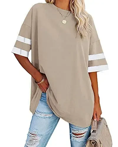 Fisoew Womens Oversized Tees Loose T Shirts Half Sleeve Crew Neck Color Block Cotton Tunic Tops 