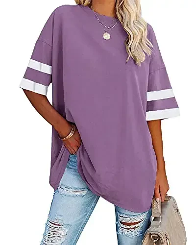 Fisoew Womens Oversized Tees Loose T Shirts Half Sleeve Crew Neck Color Block Cotton Tunic Tops 
