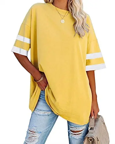Fisoew Womens Oversized Tees Loose T Shirts Half Sleeve Crew Neck Color Block Cotton Tunic Tops - 1