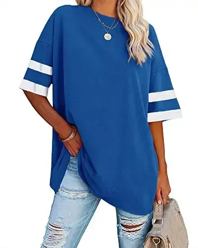 Fisoew Womens Oversized Tees Loose T Shirts Half Sleeve Crew Neck Color Block Cotton Tunic Tops 