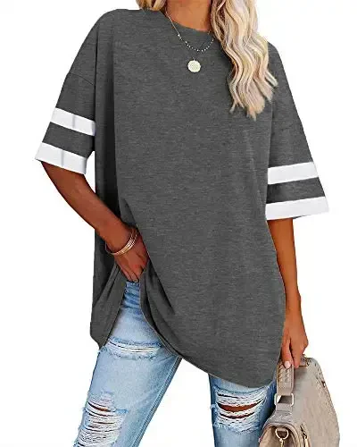 Fisoew Womens Oversized Tees Loose T Shirts Half Sleeve Crew Neck Color Block Cotton Tunic Tops - FISOEW