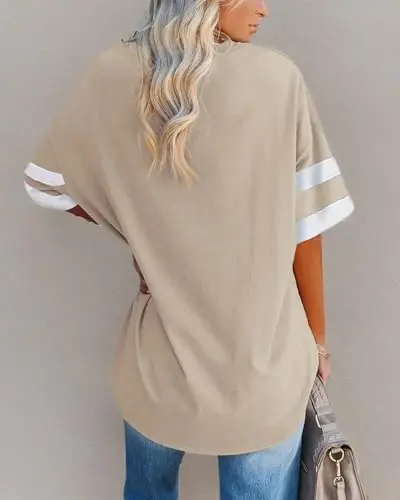 Fisoew Womens Oversized Tees Loose T Shirts Half Sleeve Crew Neck Color Block Cotton Tunic Tops - 3