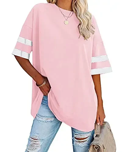 Fisoew Womens Oversized Tees Loose T Shirts Half Sleeve Crew Neck Color Block Cotton Tunic Tops 