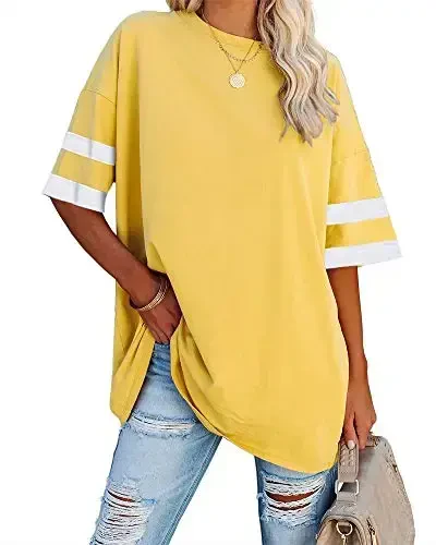 Fisoew Womens Oversized Tees Loose T Shirts Half Sleeve Crew Neck Color Block Cotton Tunic Tops - 1