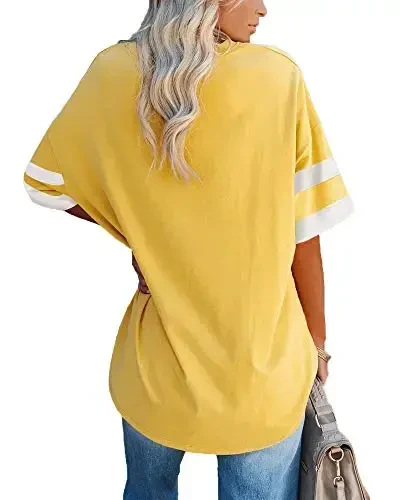 Fisoew Womens Oversized Tees Loose T Shirts Half Sleeve Crew Neck Color Block Cotton Tunic Tops - 2