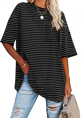 Fisoew Womens Oversized Tees Loose T Shirts Half Sleeve Crew Neck Color Block Cotton Tunic Tops - 1