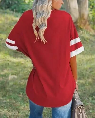 Fisoew Womens Oversized Tees Loose T Shirts Half Sleeve Crew Neck Color Block Cotton Tunic Tops - Fisoew (1)