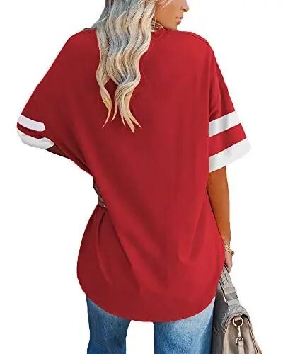 Fisoew Womens Oversized Tees Loose T Shirts Half Sleeve Crew Neck Color Block Cotton Tunic Tops - Fisoew